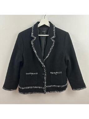 Talbots Black Boucle Cotton Cropped White Fringe Jacket 16